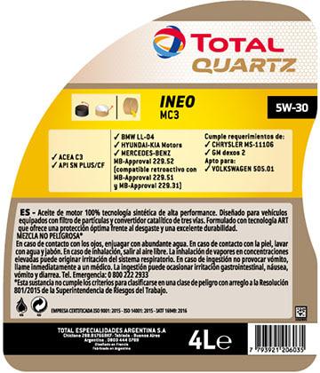 Dorso nuevo envase TOTAL QUARTZ INEO MC3 5W-30
